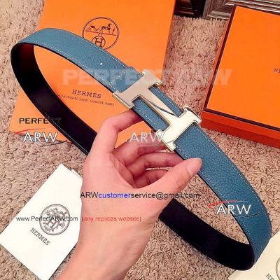 Perfect Replica Blue Leather Belt Black Back With Stainless Steel Buckle